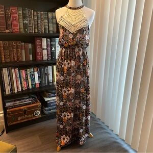 Ultra Flirt Floral Crochet Halter Maxi Dress